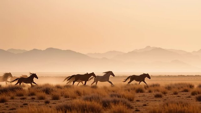 Majestic Horses Galloping Through Desert Landscape at Sunrise