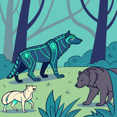 Illustration of a forest scene with a patterned wolf a bear and a smaller canine animal present