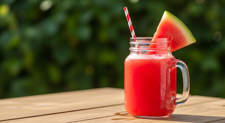 Refreshing Watermelon Smoothie In Mason Jar Outdoors