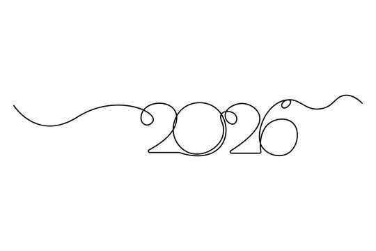 2026 continuous one line vector drawing in handwritten calligraphy style on white background
