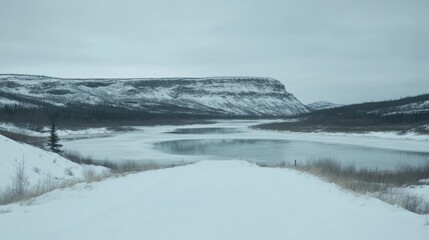 Frozen River Landscape with Snow-Capped Plateau and Evergreen Forest