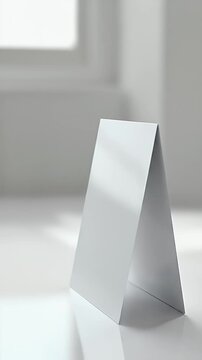 Empty conference table tent card mockup standing upright on white desk. Concept of seat labeling, business meeting arrangement, and organized event planning.
