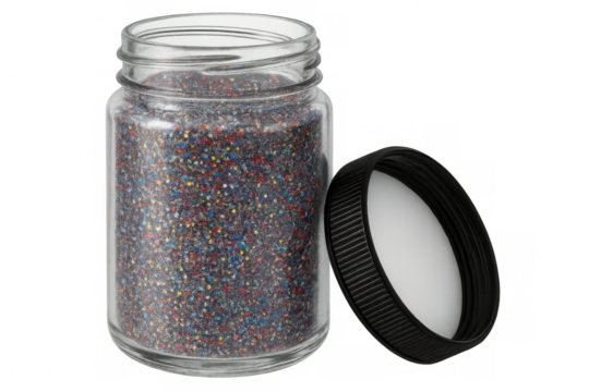 Glass jar filled with colorful glitter with its black lid off, isolated on transparent background