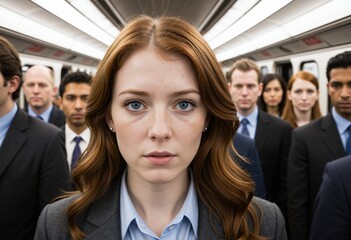 Close up of a young woman with red hair and blue eyes in a crowd of business professionals