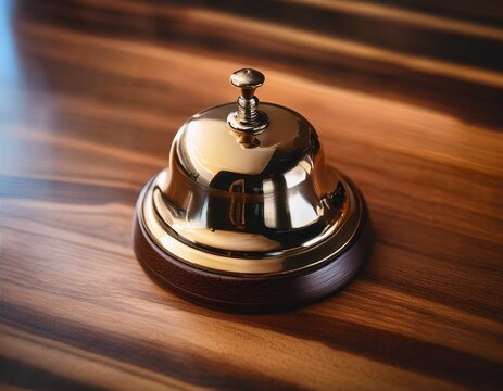 a brass bell on a wooden hotel counter
