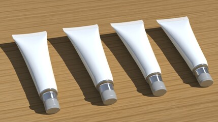 Four White Cosmetic Tubes on Wooden Surface, Product Mockup, Clean Design.
