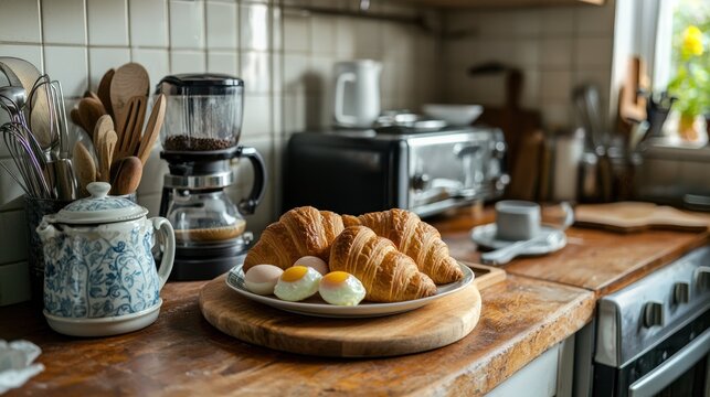 A kitchen counter with coffee, eggs, and croissants ready to serve