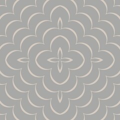 A symmetrical, floral-inspired pattern with soft beige outlines creates an elegant geometric design against a muted gray background. The repeating motif forms a soothing, harmonious visual effect.