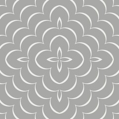 A symmetrical pattern featuring a series of overlapping floral motifs is set against a gray background. The design is composed of delicate, white outlines that create a harmonious and elegant appearan