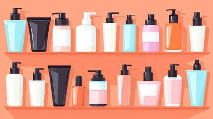 Colorful Cosmetic Bottles on Shelves: A Minimalist Beauty Product Display