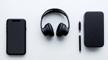 Sleek Black Tech: Headphones, Phone, and Accessories on White Background