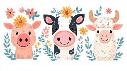 Obraz premium clip art farm animals set featuring a cow, pig, chicken, and sheep, softly illustrated in muted tones with gentle contours on white background
