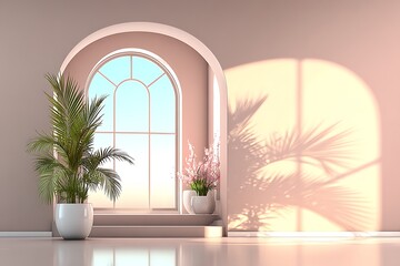 Minimalist room with arch window and plants
