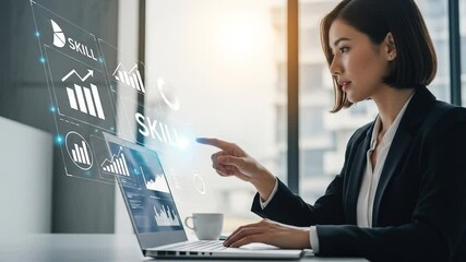 Businesswoman analyzing financial data on laptop with interactive skill chart overlay - Powered by Adobe