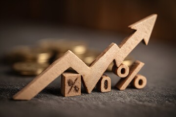 Interest Rate Growth: Wooden Arrow Chart and Coins