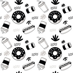 Fun Seamless Pattern with Donuts, Hotdogs, and Drinks in Black and White