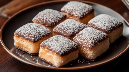 Classic Argentina's famous dessert filling, coated in chocolate or powdered sugar, arranged neatly on a plate.