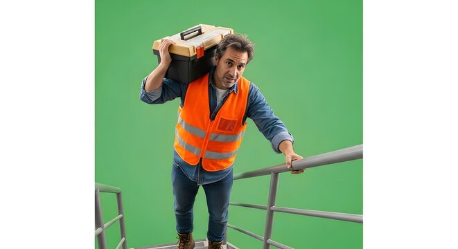 Worker climbing safety ladder on green screen