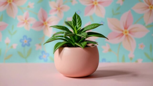 A small green potted plant sits on a pastel surface with a floral patterned blue background.