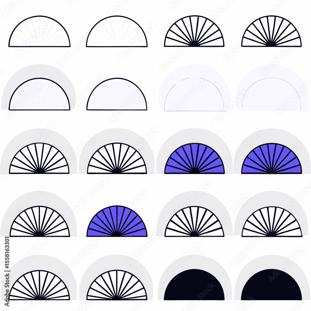 Poster abstract semicircle fan design elements in various stages of completion with transparency for versat