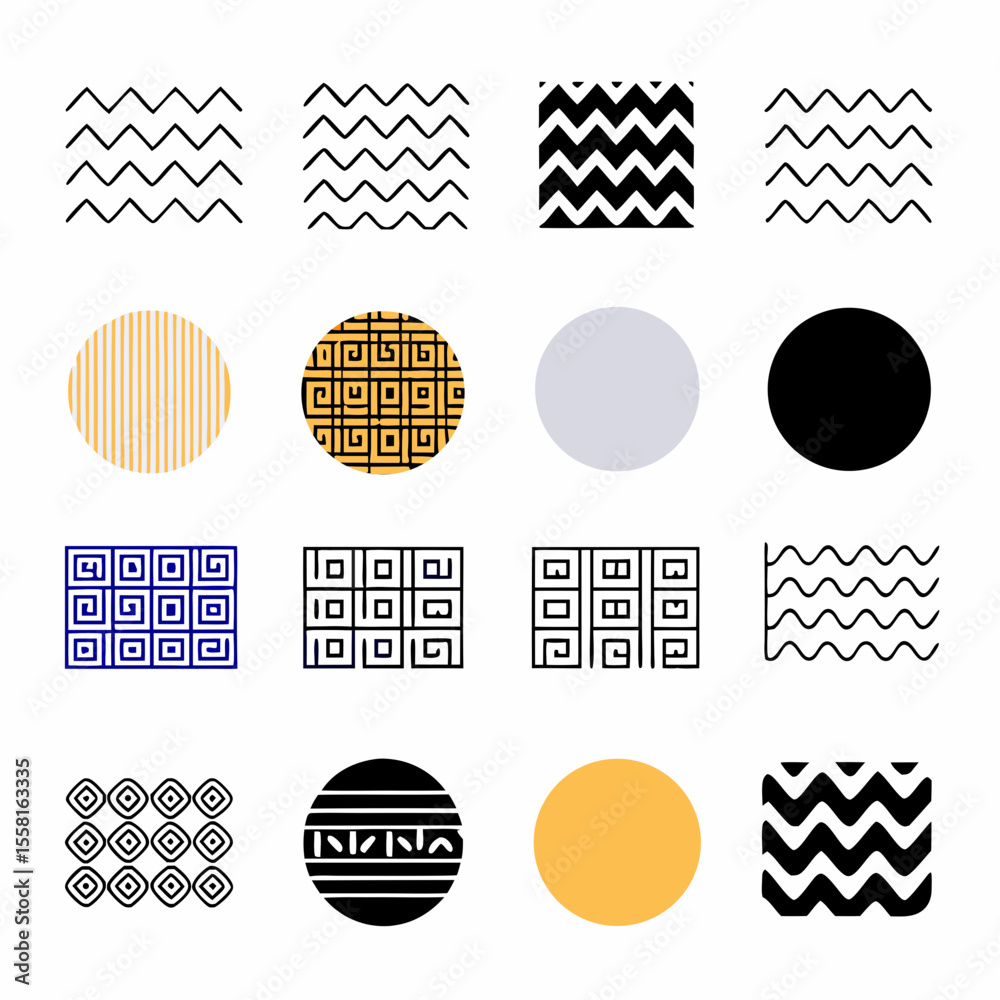 Poster collection of decorative vector elements with diverse geometric shapes and seamless patterns with tr