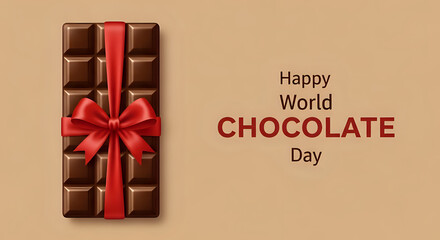 Chocolate bar with red ribbon and happy world chocolate day text on a beige background image design