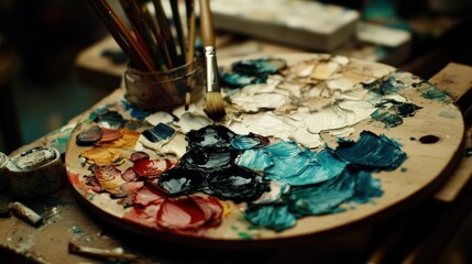 Vibrant Palette: Close-Up of Thick Oil Paints and Brushes in Artist's Studio