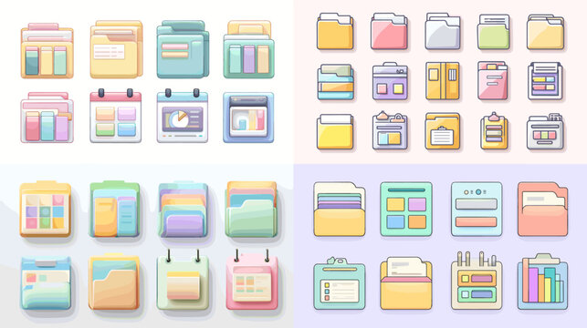 Colorful pastel file folders, calendars, and digital organizer icons in soft 3D style. Ideal for planner apps, office tools, productivity kits, and educational graphics.

