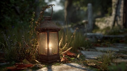 A dimly lit lantern rests on a stone path amidst overgrown vegetation near aged tombstones in a tranquil, dimly lit forest setting.  The lantern emits a warm, soft glow, casting subtle shadows