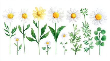 Delicate watercolor daisies in green and yellow, arranged flat lay in minimalist style on white background, ideal for calm poster visuals