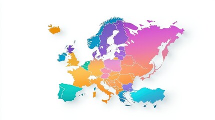 Obraz premium Detailed Europe political map in full color, each country uniquely shaded with sharp borders, minimalistic white background