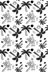 Stylish Seamless Pattern with Tropical Palm Trees and Summer Doodles in Black and White