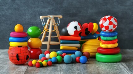 Colorful Toy Arrangement: Stacking Toys, Balls, and Basketball Hoop on Wood Surface