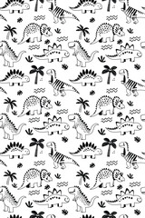 Cute Hand-Drawn Seamless Pattern with Dinosaurs and Palm Trees in Black and White