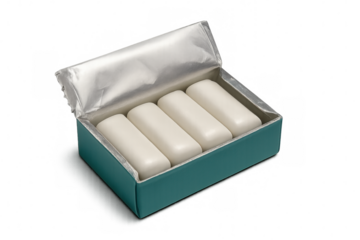 Chewing gums in a partially opened green box with silver foil wrapping, isolated on a transparent background