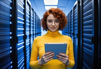 Young woman with red curly hair and glasses holding a tablet in a server room