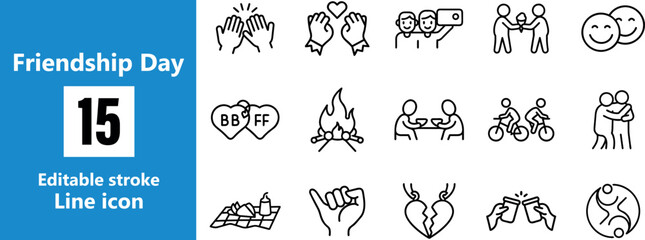 Vector art of a collection of 15 friendship day icons features various line art illustrations depicting friendship themes such as hearts, handshakes, and friends spending time together	