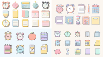 Cute pastel time and schedule icons like clocks, calendars, and notebooks in soft line art style, perfect for planners, education kits, or productivity apps.

