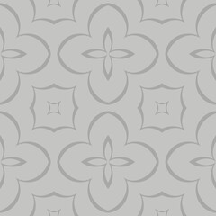 A seamless pattern features floral and geometric shapes in a monochromatic color scheme. The repetitive design creates a harmonious and soothing visual effect.