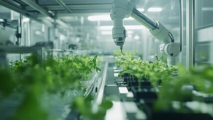 Robotic arm tending to indoor greenhouse plants in hightech hydroponic farm - Powered by Adobe