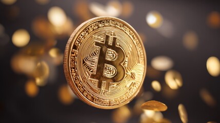 Single golden Bitcoin coin with embossed "B" symbol, intricate circuit patterns, and text, centered sharply on a dark background with blurred golden shapes resembling scattered coins,