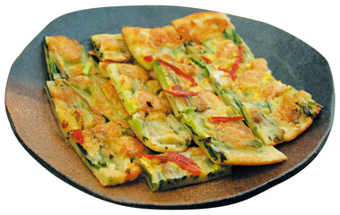 Korean Seafood Pancake Haemuljeon on Ceramic Plate