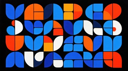 Bold Geometric Pattern: Retro-Inspired Design with Blue, Orange, and White Shapes on Black