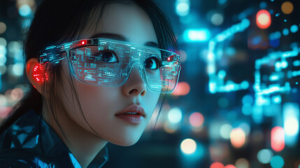 A futuristic Asian woman wearing smart glasses, interacting with a floating holographic user interface, glowing neon lights, sci-fi city background, cyberpunk style, high detail, digital art.