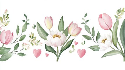Floral banner design featuring watercolor-style tulips and peonies intertwined with subtle he motifs, set against a clean white backdrop