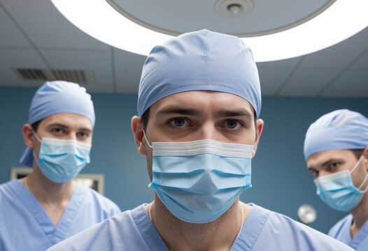 Three male medical professionals in blue scrubs and surgical caps wearing face masks - Powered by Adobe