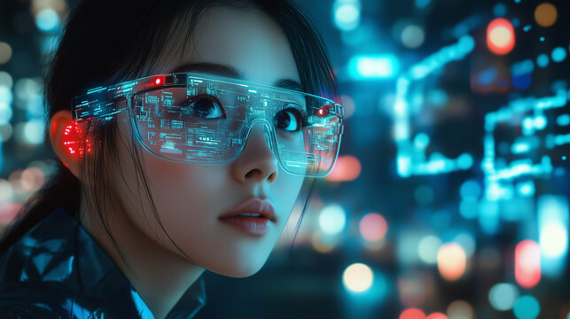 A futuristic Asian woman wearing smart glasses, interacting with a floating holographic user interface, glowing neon lights, sci-fi city background, cyberpunk style, high detail, digital art.