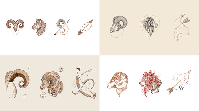 Stylish hand-drawn zodiac icons of Aries and Sagittarius in earthy tones, ideal for astrology content, horoscopes, birth chart readings, and mystic branding.

