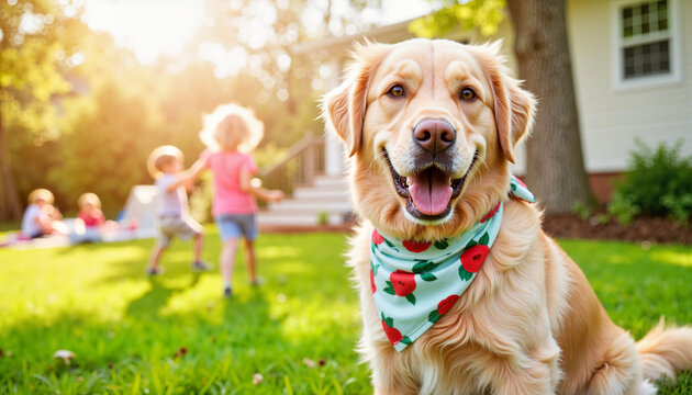Happy golden retriever wearing bandana in sunny backyard, playful moments