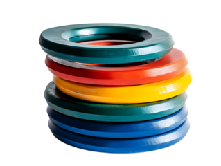 Stack of colorful wooden rings for ring toss game isolated on transparent background